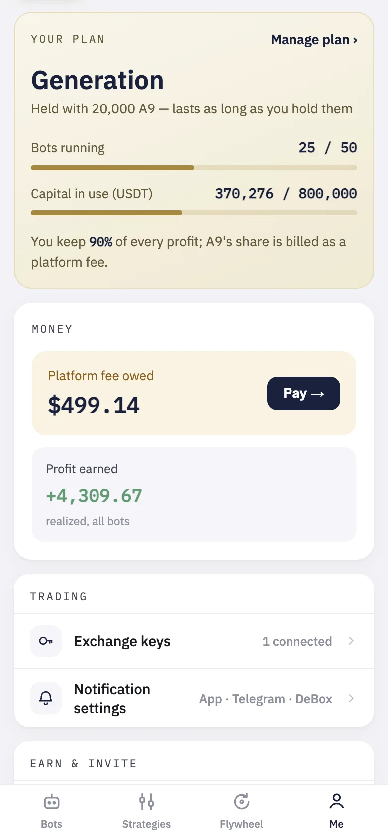 On Me, your plan with its bots and capital in use, and the Money card.