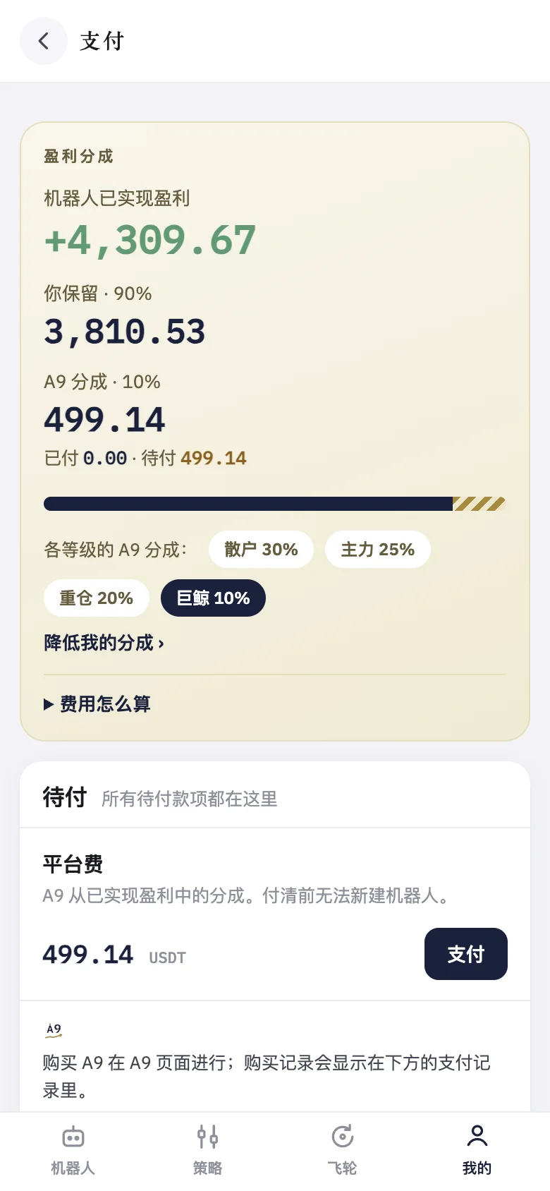 「支付」页：待付的金额，以及以往每一笔付款。