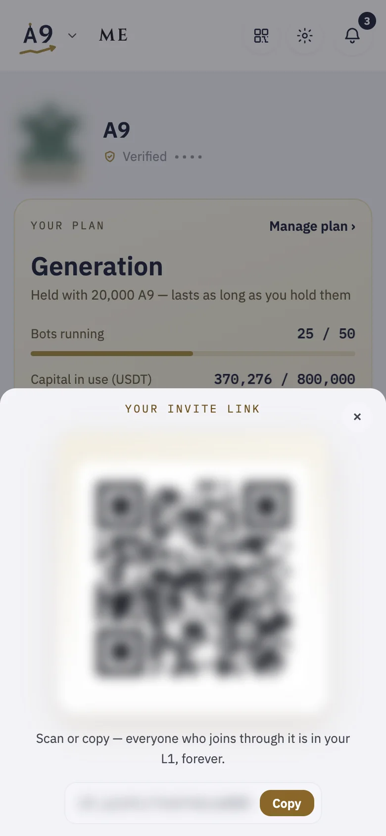 "Your invite link": a QR code to scan and the link to copy (yours, blurred here).