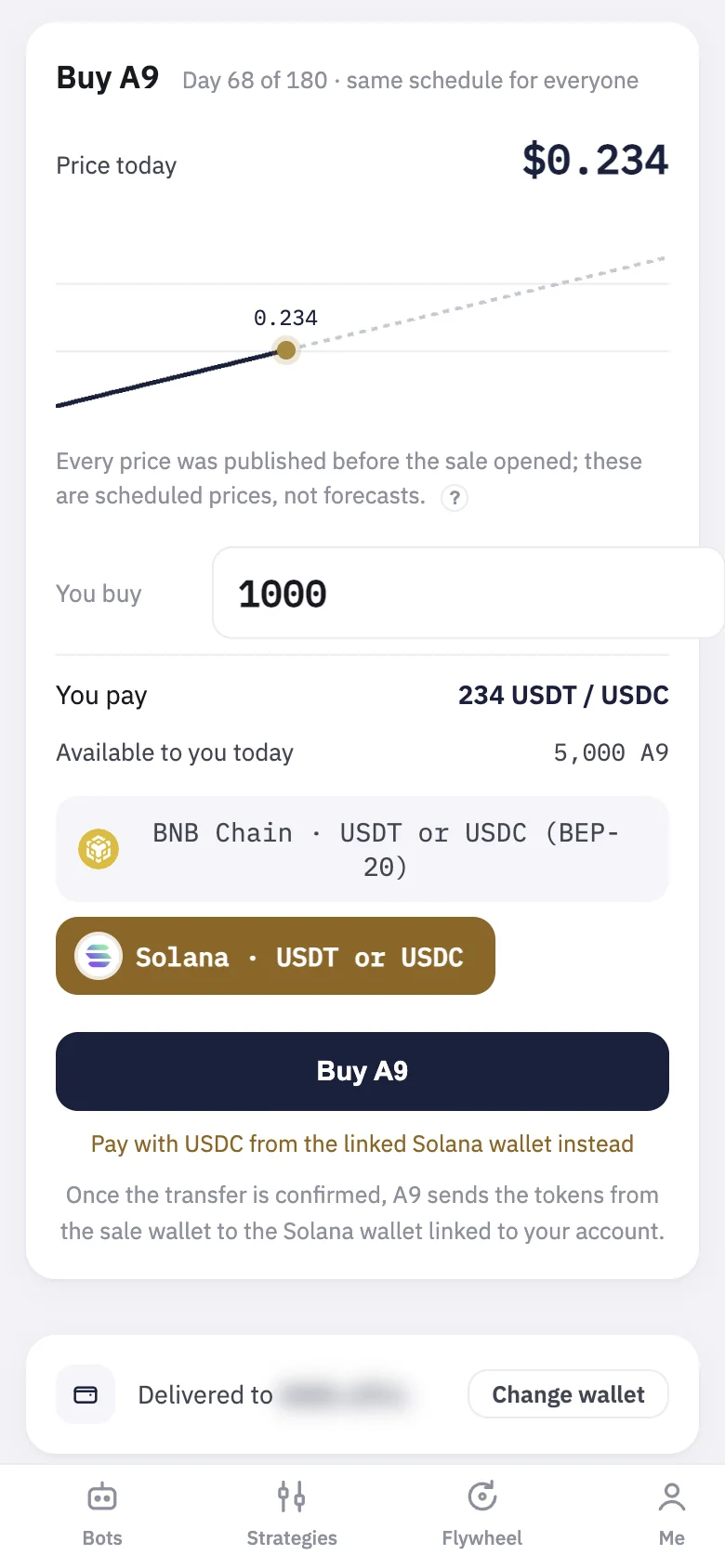 The Buy A9 card: today's price, what you can buy today, and what you pay.